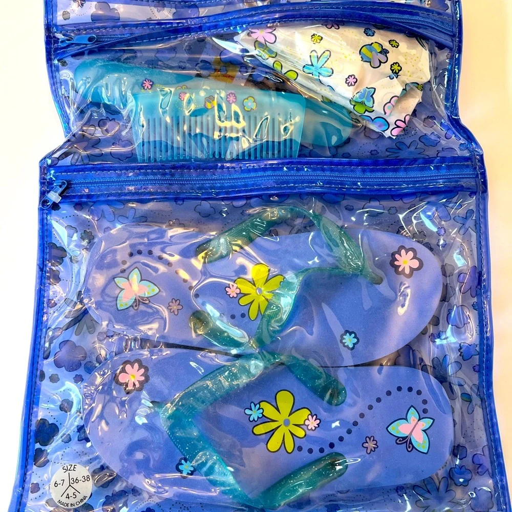 Tweens Roll Up Fun Blue Floral Toiletry Bag with Flip Flops! Brand New with Tags